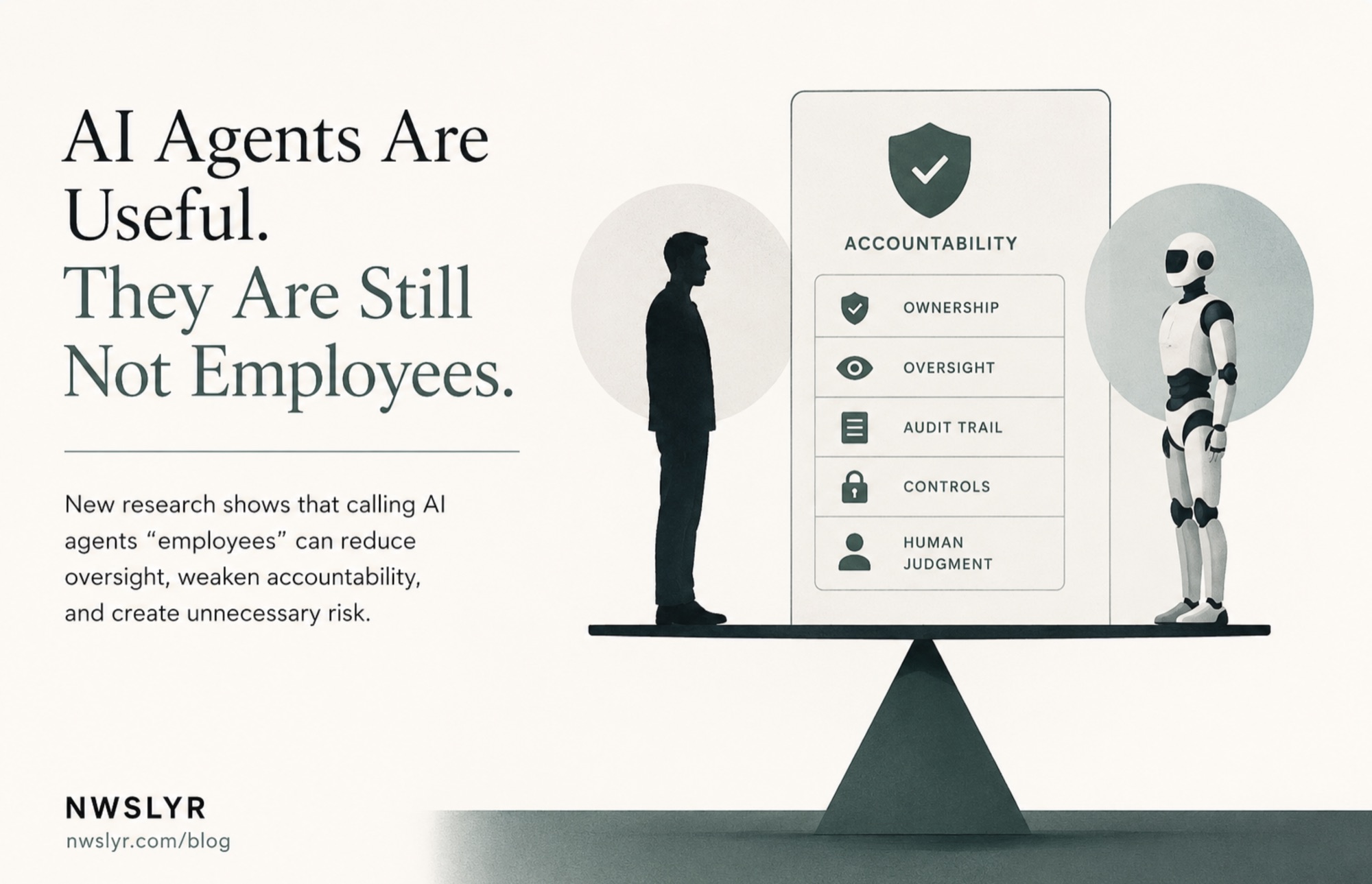 A human silhouette and a humanoid robot stand on a balanced seesaw beside an "Accountability" panel listing ownership, oversight, audit trail, controls, and human judgment, under the headline "AI Agents Are Useful. They Are Still Not Employees."