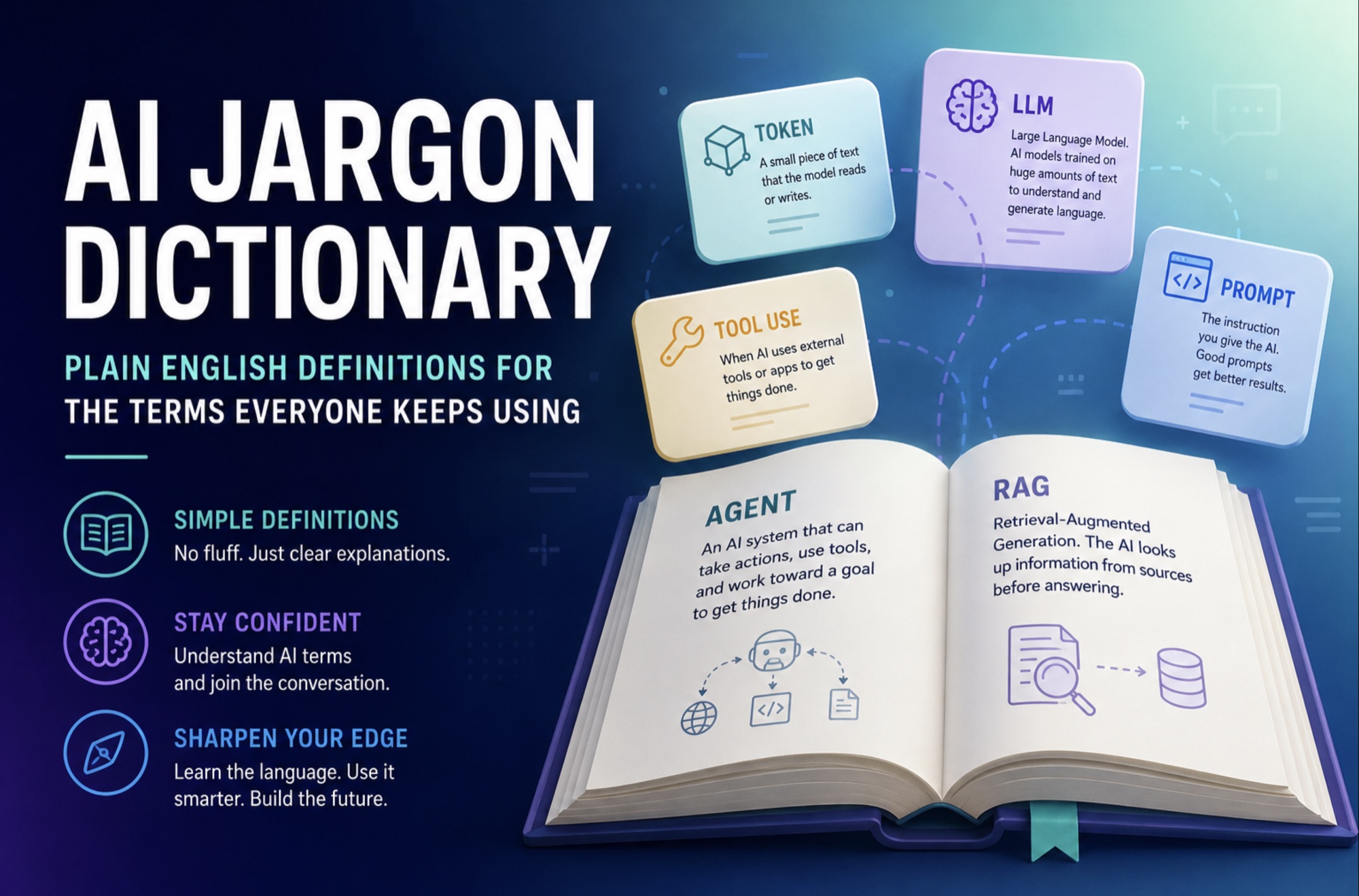 AI Jargon Dictionary infographic: an open book with floating glass cards defining Token, LLM, Prompt, Tool Use, Agent, and RAG in plain English.