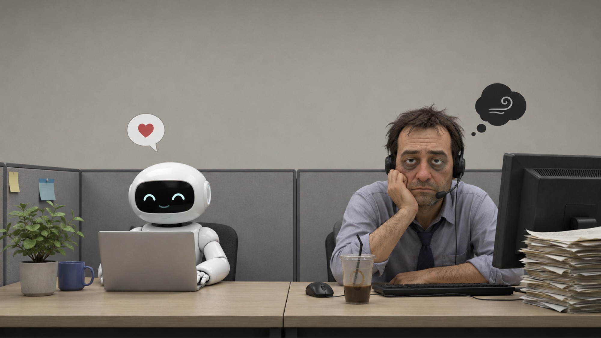 A cheerful AI robot works at a laptop beside a tired human support worker at a desk.