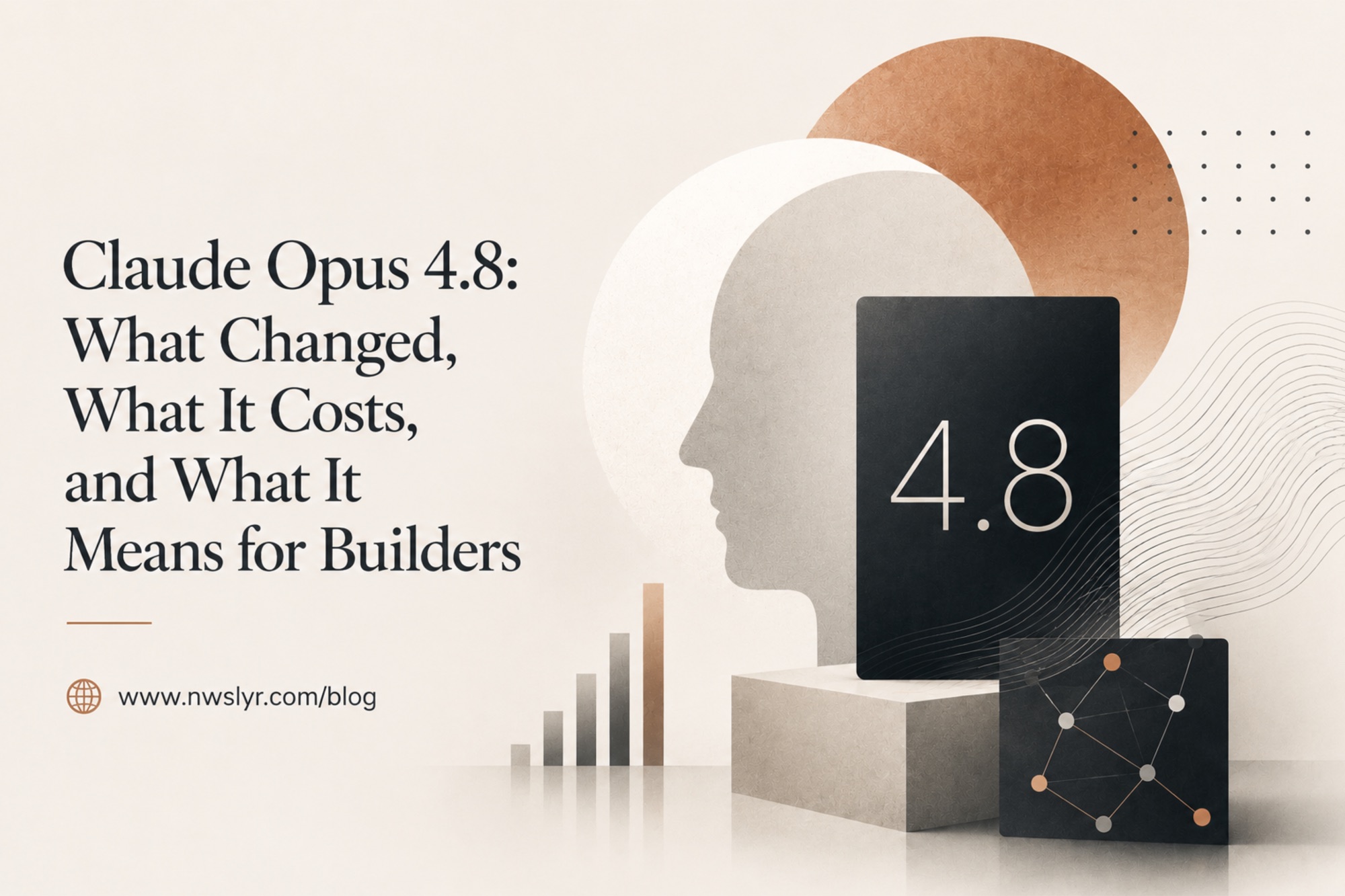 Editorial nwslyr graphic for Claude Opus 4.8 showing the headline what changed, what it costs, and what it means for builders.