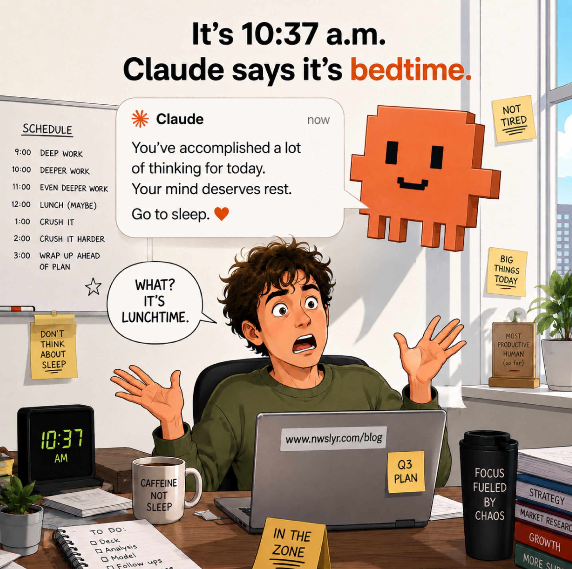 Claude notification tells a surprised person to go to sleep at 10:37 a.m. in a busy office.