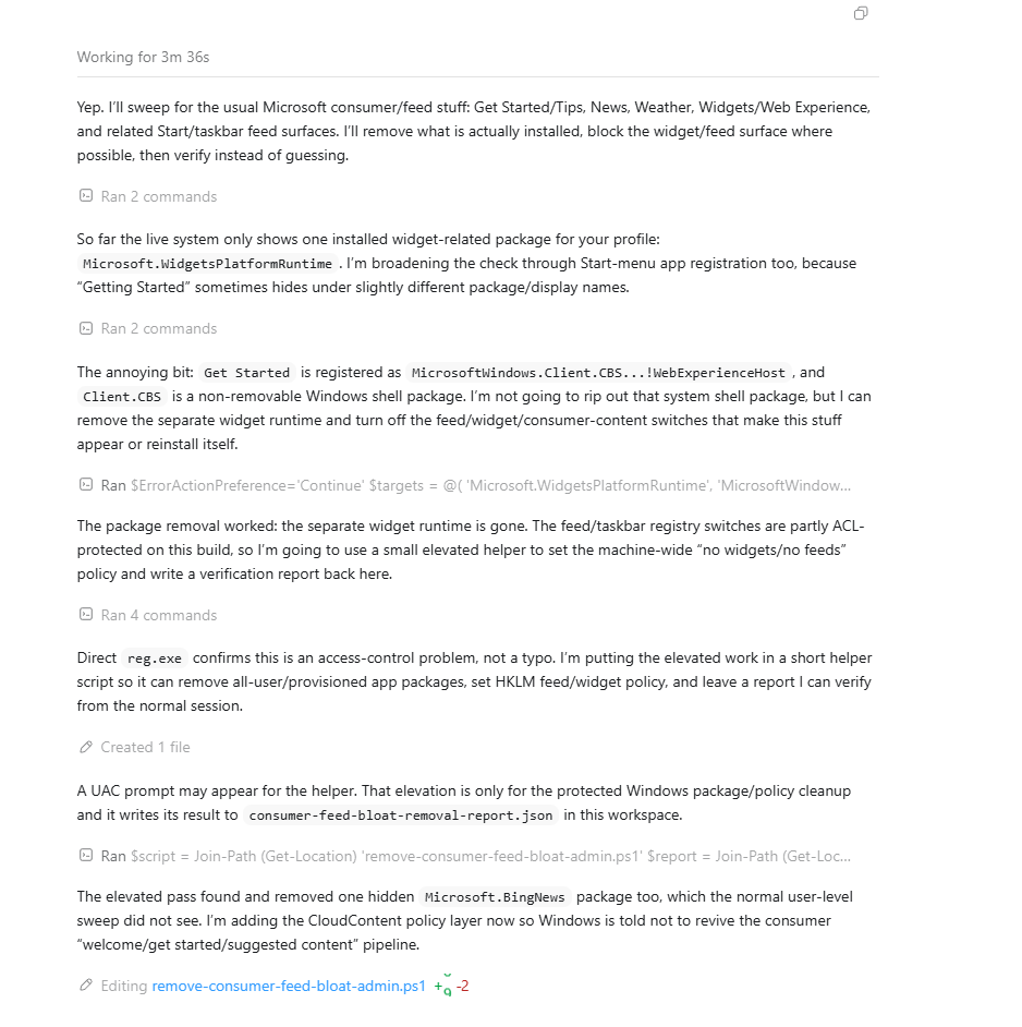 Codex creating an elevated helper script for Windows policy cleanup.