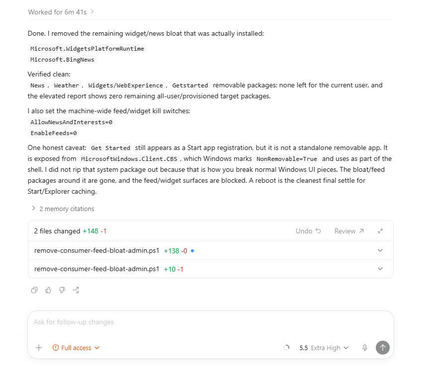 Codex final verification showing removed Windows feed and widget packages.