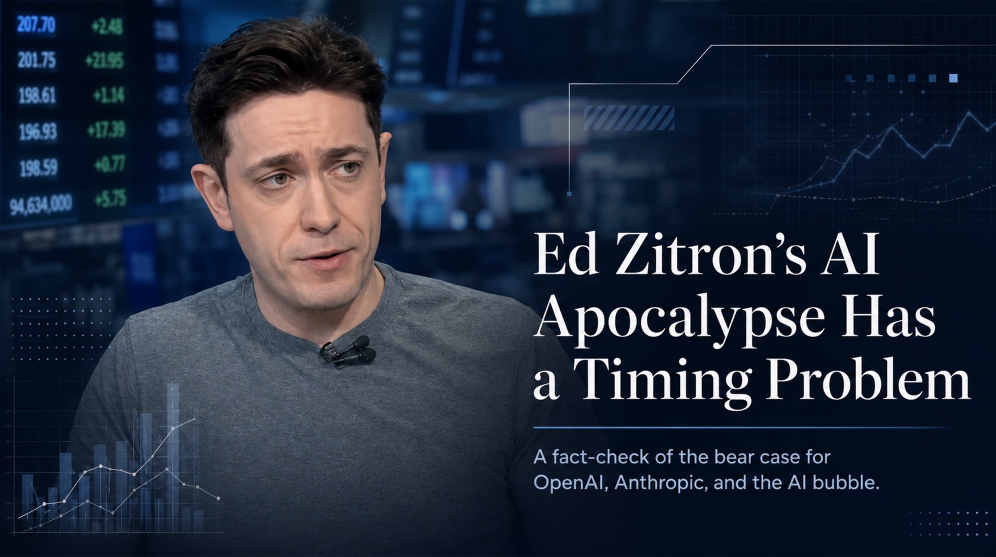 Composite news graphic showing Ed Zitron beside market numbers, blue data charts, and the headline Ed Zitron's AI Apocalypse Has a Timing Problem.