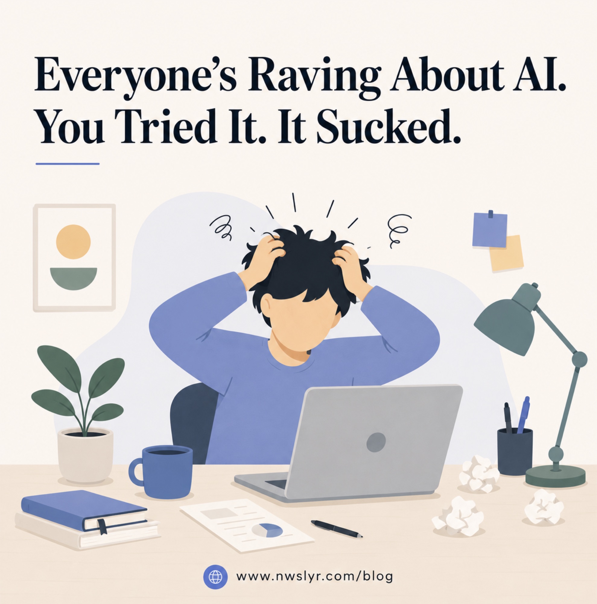 Illustration of a frustrated person at a laptop under the headline Everyone's Raving About AI. You Tried It. It Sucked.