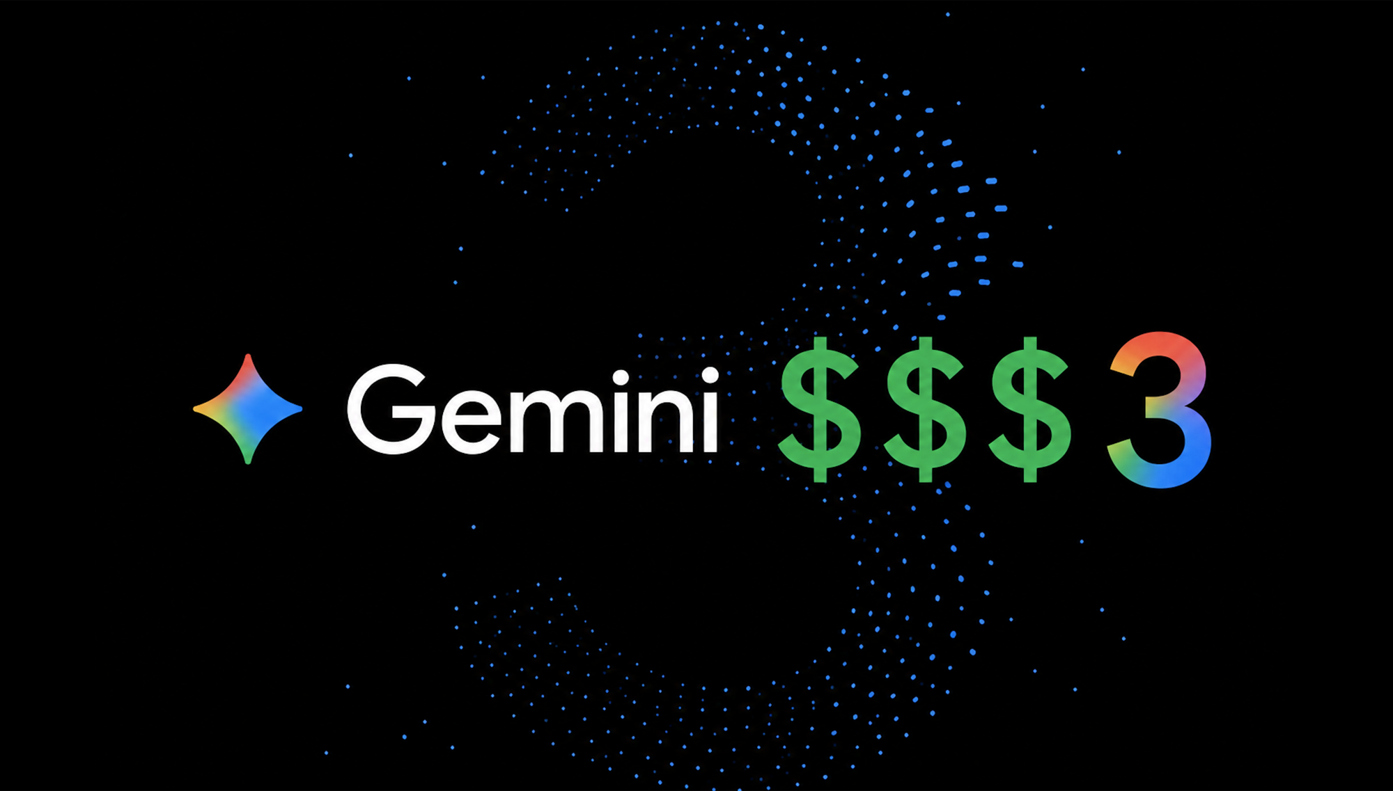 Gemini logo beside three dollar signs and a colorful numeral 3 on a black dotted backdrop.