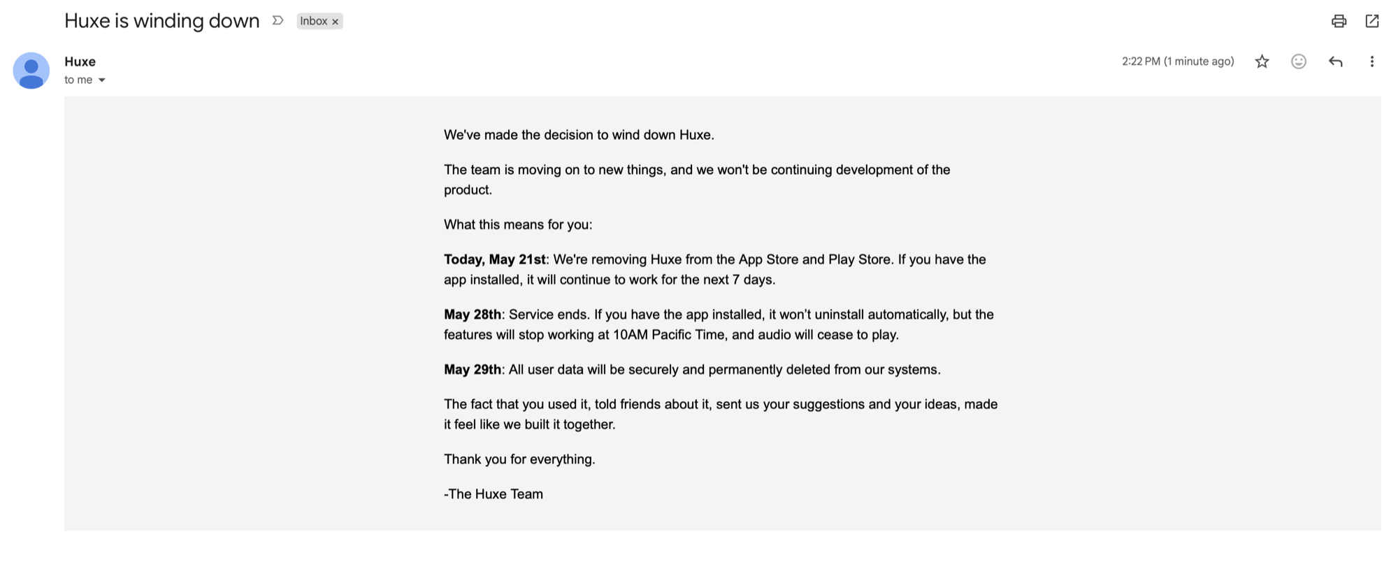 Gmail screenshot of the Huxe shutdown email titled Huxe is winding down.