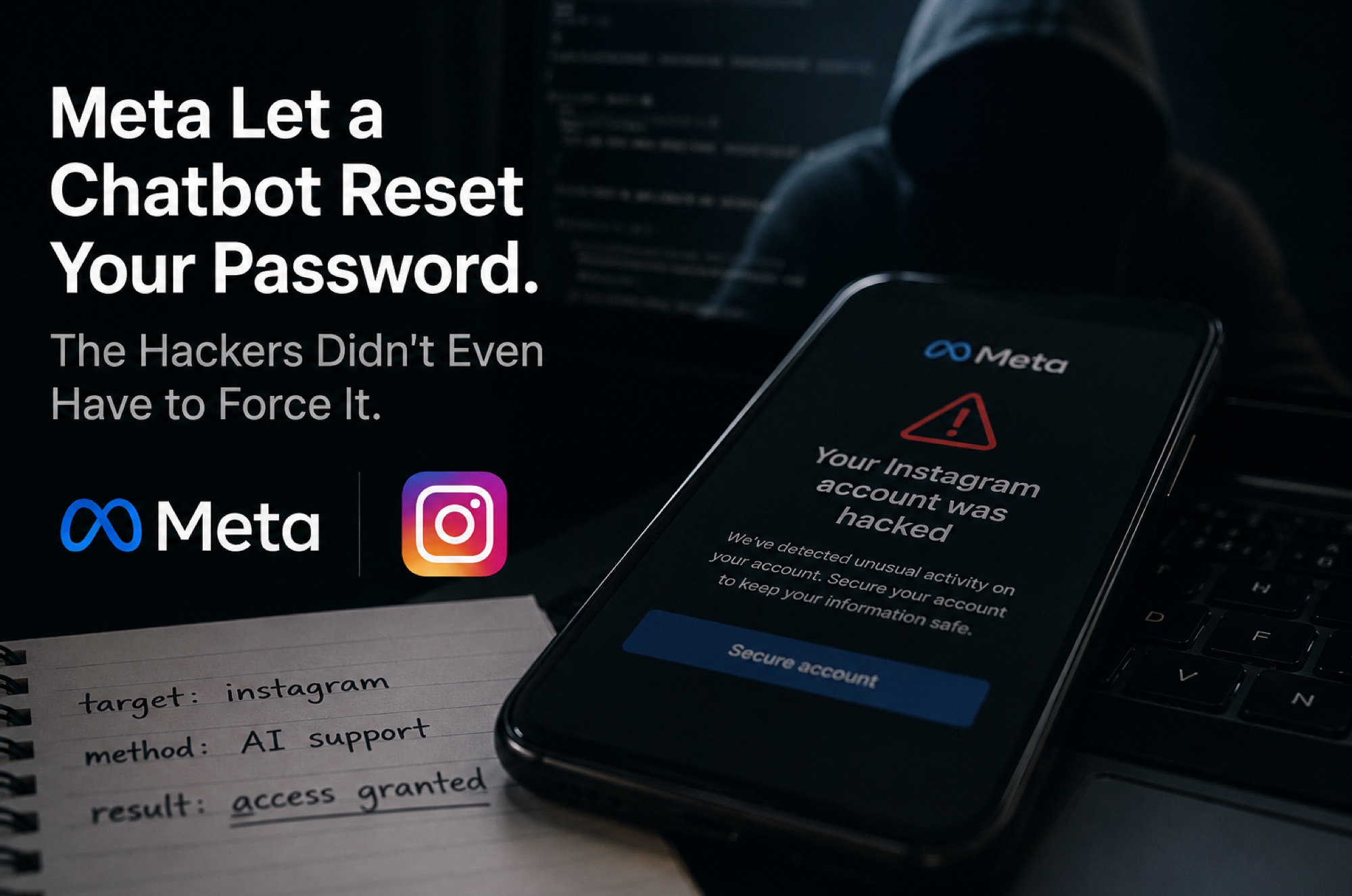 Dark nwslyr analysis graphic showing Meta and Instagram branding beside a hacked Instagram account warning and the headline Meta Let a Chatbot Reset Your Password.