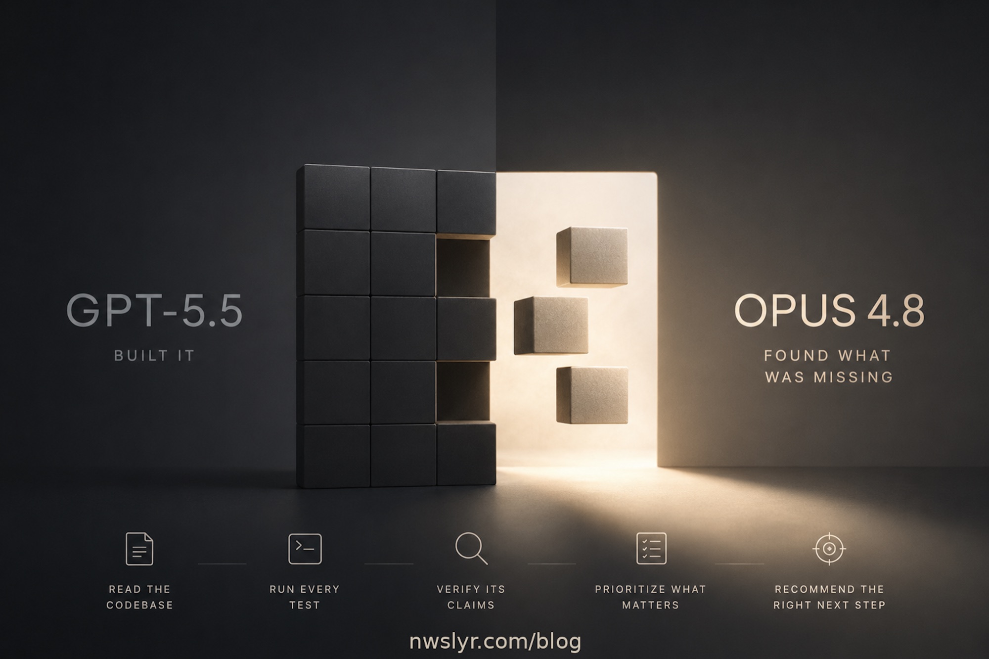 Editorial nwslyr graphic comparing GPT-5.5 building the project with Opus 4.8 finding what was missing.