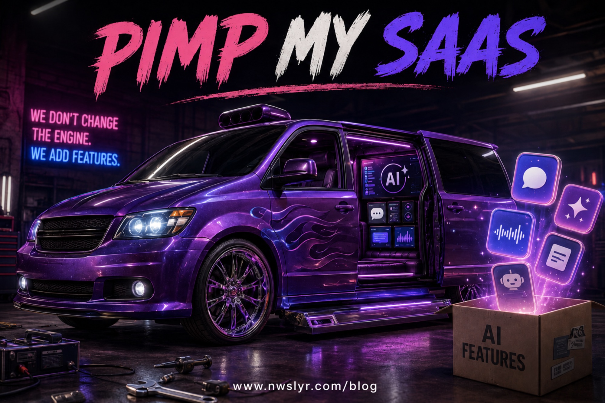 Editorial nwslyr graphic for Pimp My SaaS: a purple pimped-out van in a garage with AI feature icons floating out of a cardboard box. Tagline reads We don't change the engine. We add features.