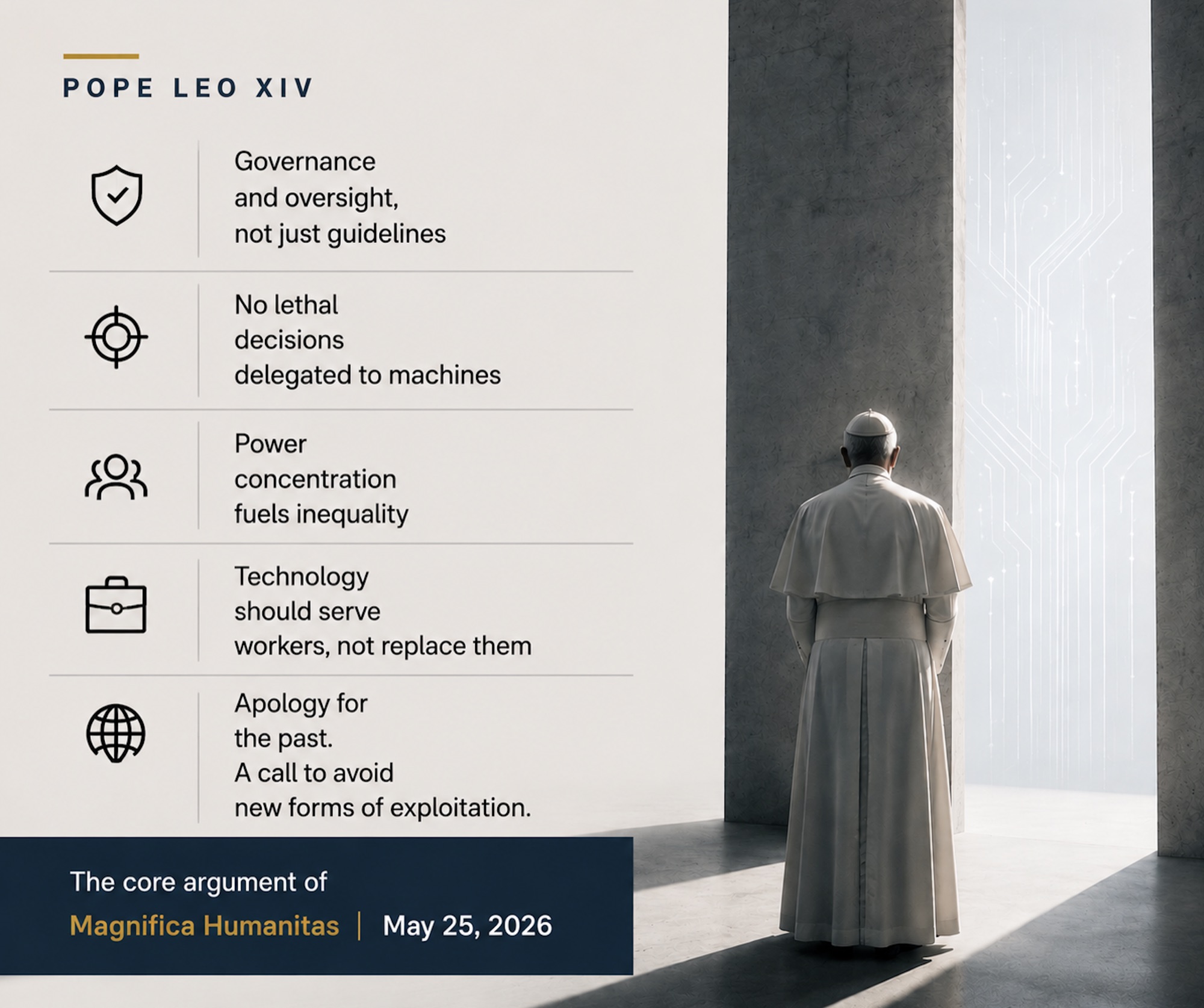 Graphic summarizing Pope Leo XIV's AI encyclical with governance, weapons, inequality, labor, and exploitation themes beside the pope facing a glowing circuit doorway.