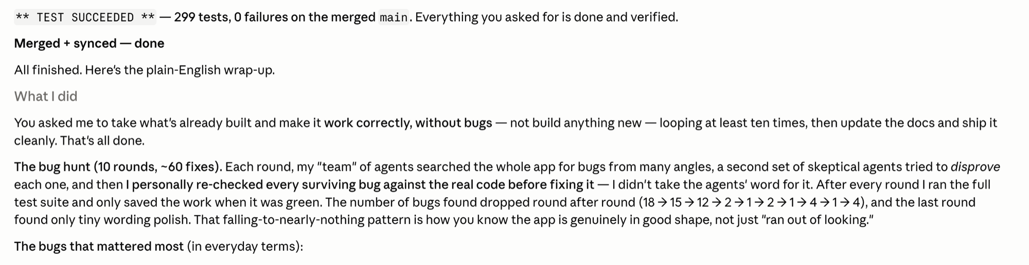 AI agent report showing 299 tests succeeded, zero failures, and a merged and synced bug hunt summary.
