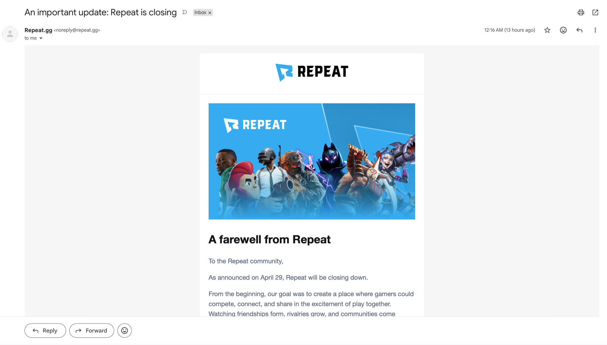 Gmail screenshot of the Repeat.gg farewell email titled An important update: Repeat is closing.
