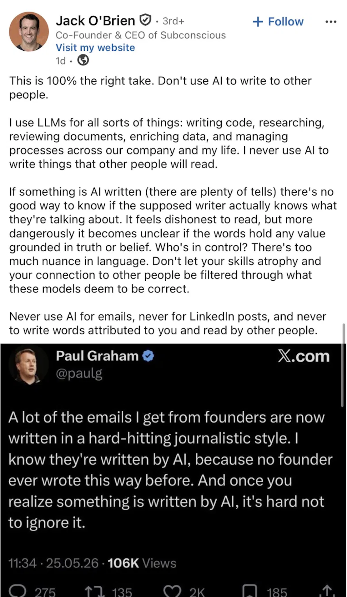 Jack O'Brien's LinkedIn post endorsing Paul Graham's tweet that AI-written founder emails are easy to spot and hard to take seriously.